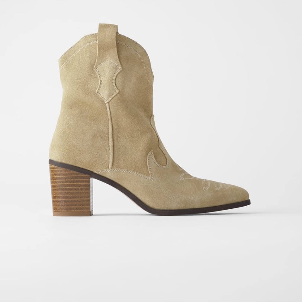 Zara Beige Suede Western Block Heel Ankle Boots